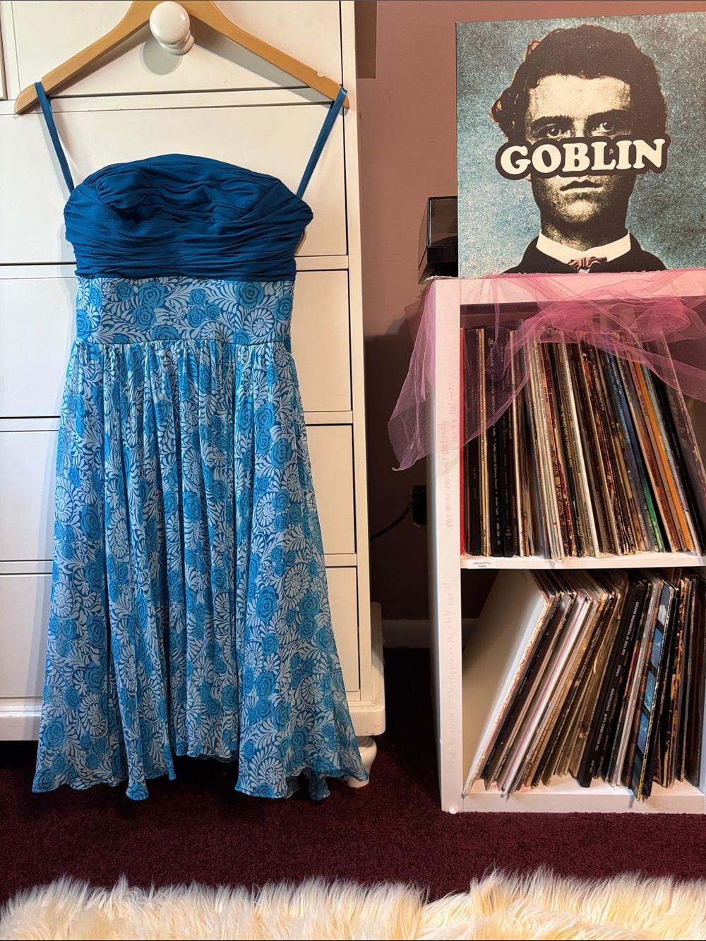 Vintage Silk Babydoll Y2K Dress Printed Strapless Blue 4 Floral Betsey Johnson S